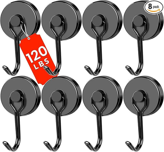 DIYMAG Black Magnetic Hooks 120LBS Strong Magnetics Heavy Duty 2026 Cruise Ship Essentials Magnets with Metal Hook for Hanging Refrigerator Home Kitchen Office, 8Pack