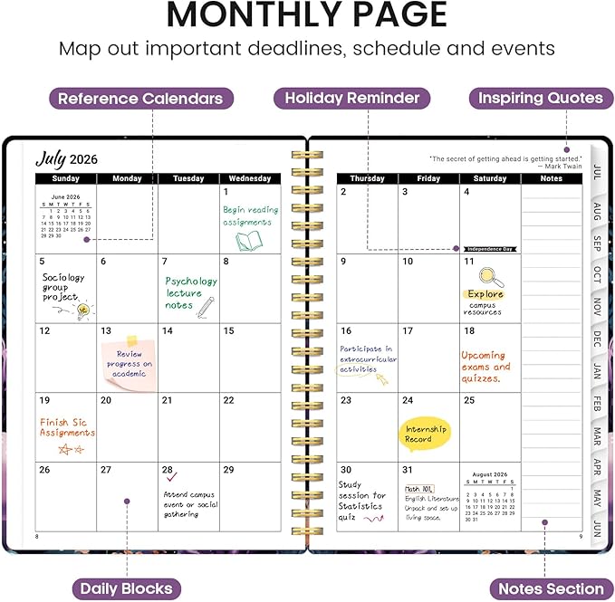 Planner 2026-2027, Academic Monthly and Weekly Calendar Planner for Women, July 2026 - June 2027, Hardcover Pretty Agenda Planner Book with Tabs, Spiral Daily Organizer for School Office Home Supplies, 6.3" x 8.5" - Coral Dream