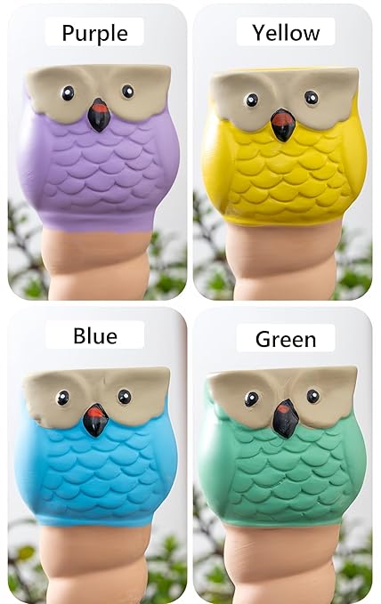 Qinsuikai 4 Pack Plant Watering Devices, Animal Shape Terracotta Watering Spikes, Vacation Self Watering Planter Insert, Automatic Plant Waterer for Indoor Outdoor Plants (Owl-Grey Eye)