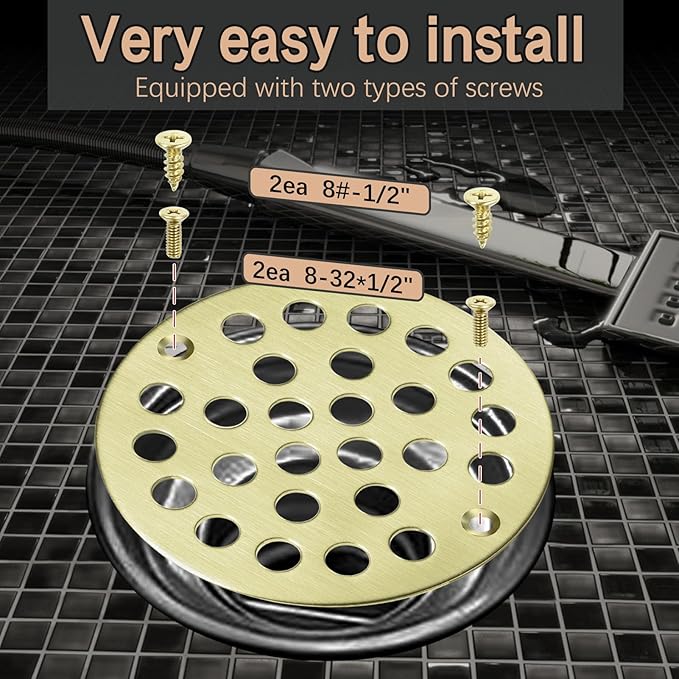 4" Shower Strainer Drain Trim Set, Screw-in Shower Drain Cover Replacement Floor Strainer, Shower Cover Bathroom Drain Strainers (Brushed Gold)