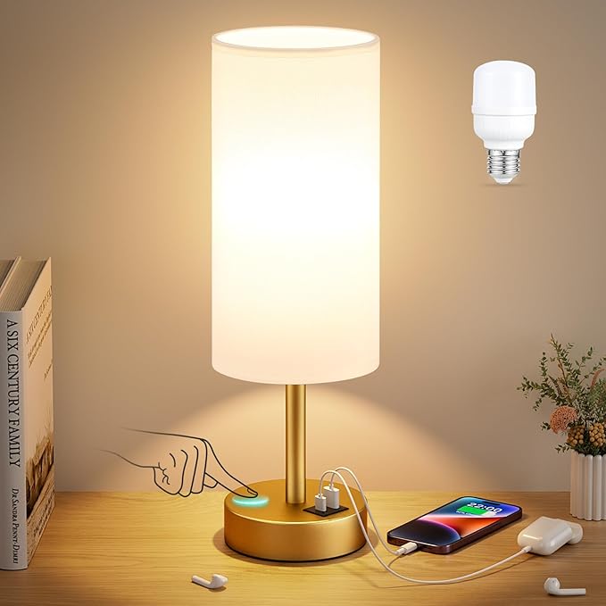 Small Touch Bedside Lamp with USB - 3 Way Dimmable Table Lamp for Bedroom, Nightstand Lamp with Gold Charging Station for Desk Dorm, Office