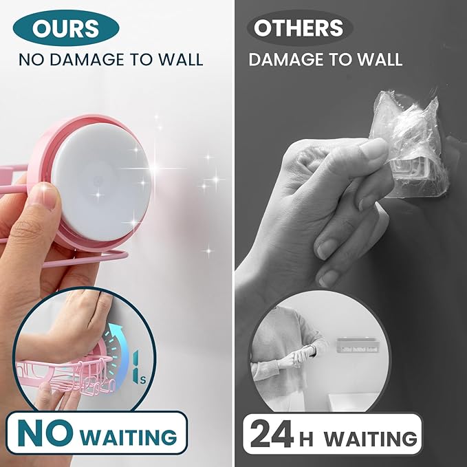 TAILI Soap Bar Holder Dish with Hooks, Shower Soap Tray Saver Suction Cup with Razor Holder for Wall, Rustproof Stainless Steel Bath Shampoo Caddy for Bathroom Accessories Organizer, Pink