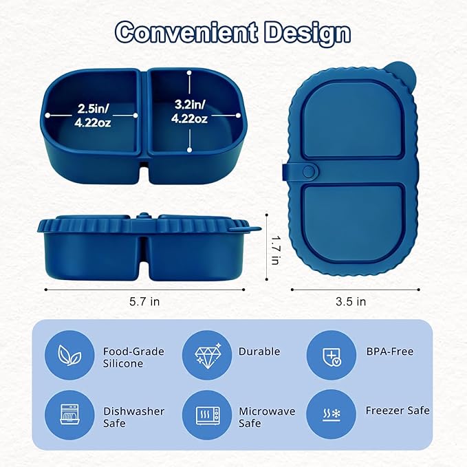 RAYBIN 3 Pack Silicone Reusable Snack Containers with Lids, 2 Compartments Leak-Proof Snackle Box Containers,Portable Silicone Food Storage Box for School,Office,Picnic - BPA Free (Blue, Yellow, Pink)