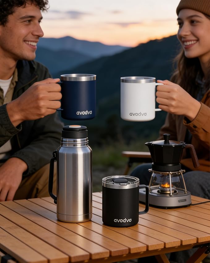 2 Pack 12oz Insulated Coffee Mug with Lids – Double Wall Stainless Steel Travel Cups with Handle, Keep Hot & Cold Drinks, Ideal Gift for Coffee Lovers, Home, Office & Camping, White