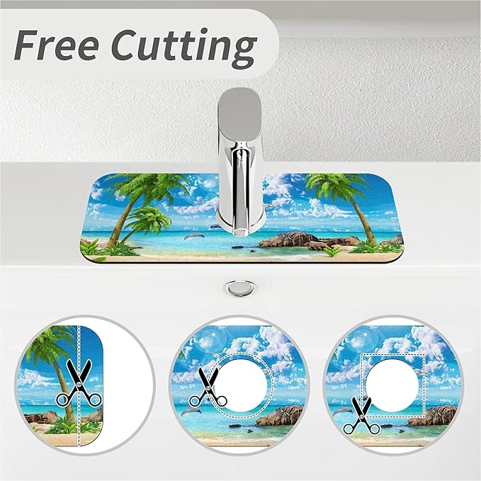 Kitchen Sink Splash Guard，Summer coconut Beach dolphins Faucet Mat Sink Gadgets-Super Absorbent Fast Drying Mat Drip Catcher for Kitchen, Bathroom,Sink Mat, Dish Drying Mat, Bathroom(15" X 5.5" )
