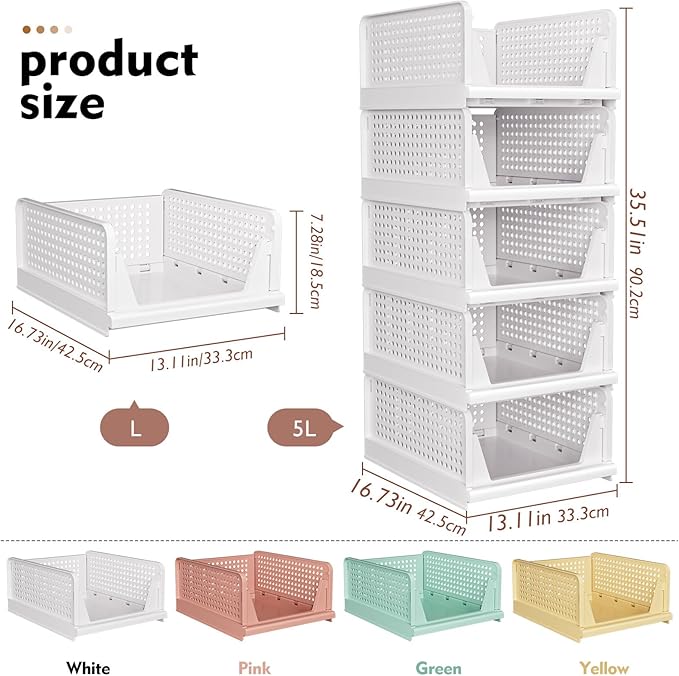 SNSLXH 8 Pack Stackable Closet Storage Bins, Multifunctional & Foldable Closet Organizers and Storage for Bathroom Kitchen Laundry Room Drawer Shelf Storage, Space-Saving Wardrobe Organizer, White