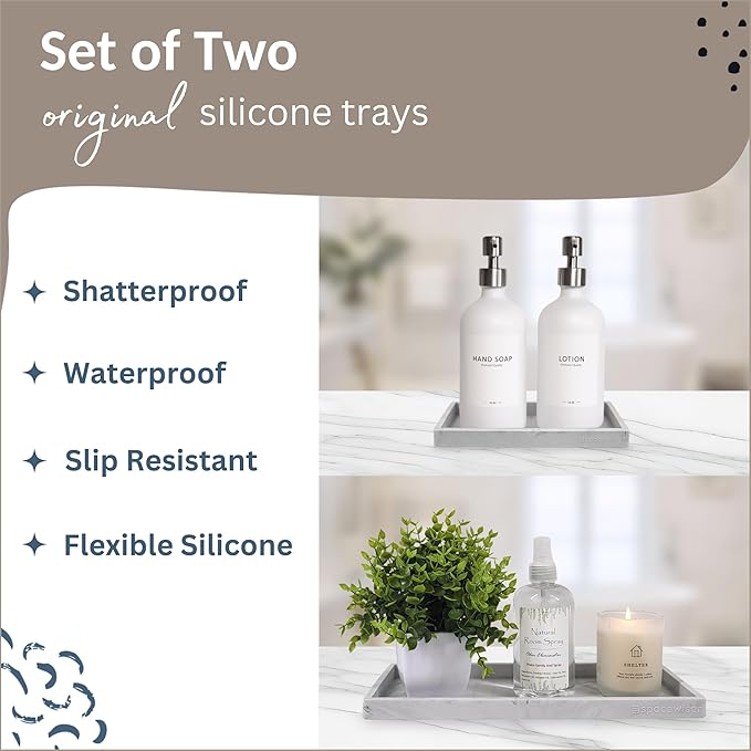 Spacewiser Countertop and Vanity Tray - 2 PC (11” and 7”) Shatterproof Silicone Kitchen and Bathroom Trays for Counter, Kitchen Soap Dispenser Tray, Vanity Trays for Bathroom, Perfume Key Tray