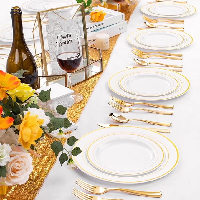 FLOWERCAT 60PCS Gold Plastic Plates - Heavy Duty White and Gold Plastic Plates Disposable for New Year Party/Wedding - Include 30PCS 10.25" Dinner Plates and 30PCS 7.5" Dessert Plates