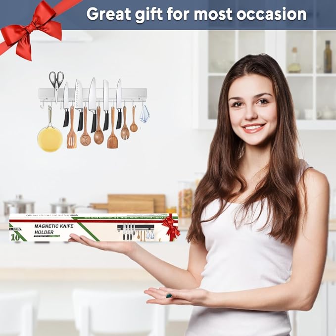 20 inch magnetic knife holder with 10 hooks, no drilling knife magnetic strip, and utensil hanger for wall. Powerful knife magnet rack includes tape and screws