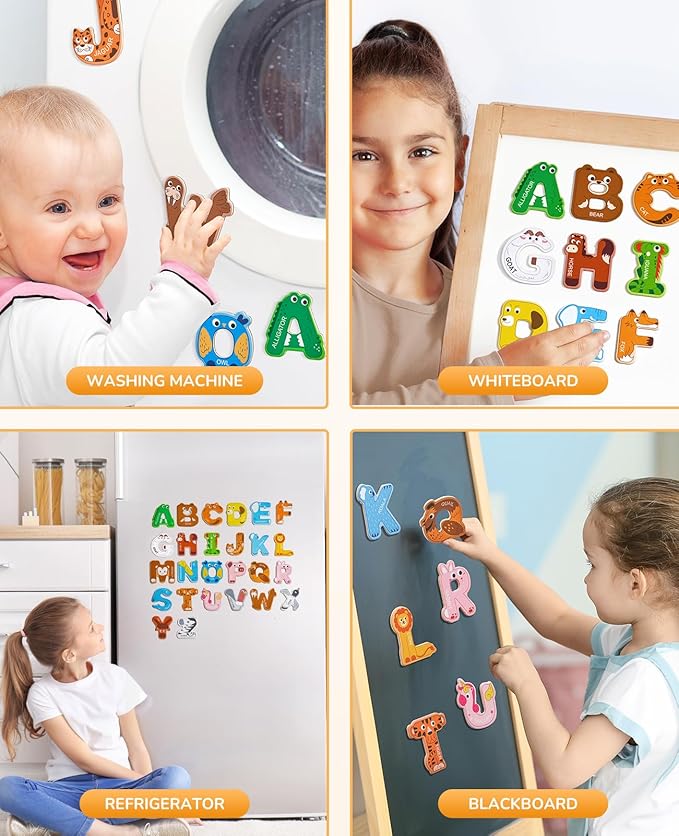 JoyCat Wooden Thick Alphabet Magnets for Toddlers Fridge Large Size Cute Animal Colorful ABC Magnetic Letters 26 Uppercase Letters Educational Toy Set for Kids Toddlers Preschool Learning Spelling