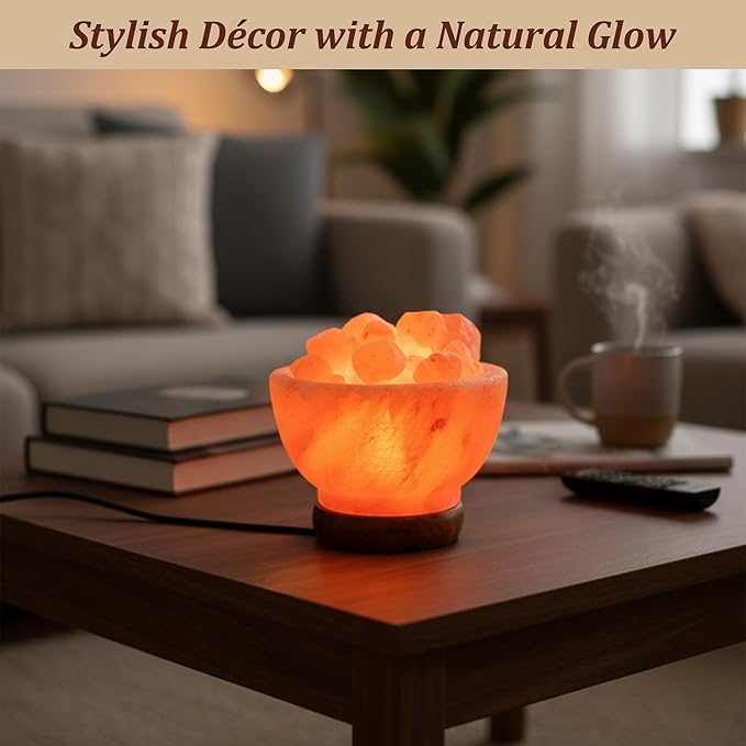 POHS Himalayan Pink Salt Fire Bowl Lamp with Salt Crystal Chunks, dimmable Switch Electrical Cord, with Replaceable Bulbs, Premium Wood Base