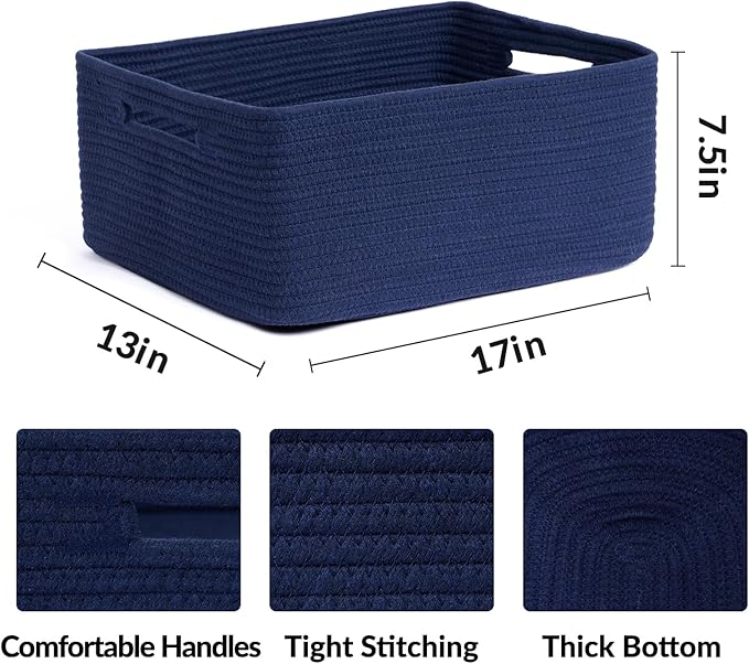 MiniArk Large Storage Baskets for Shelves, Closet Organizers Bins for Clothes Blanket Towels, Baby Nursery, Toy Baskets Box, Woven Rope Baskets, 17 x 13 x 7.5”, 2 Packs Navy Blue