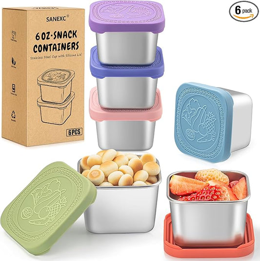 SANEXC 6 Oz Stainless Steel Snack Containers for Kids - 6 Pack Metal Food Containers with Lids Silicone Easy Open 100% Leak Proof BPA Free Reusable Baby Lunch Box for Daycare Travel and Office