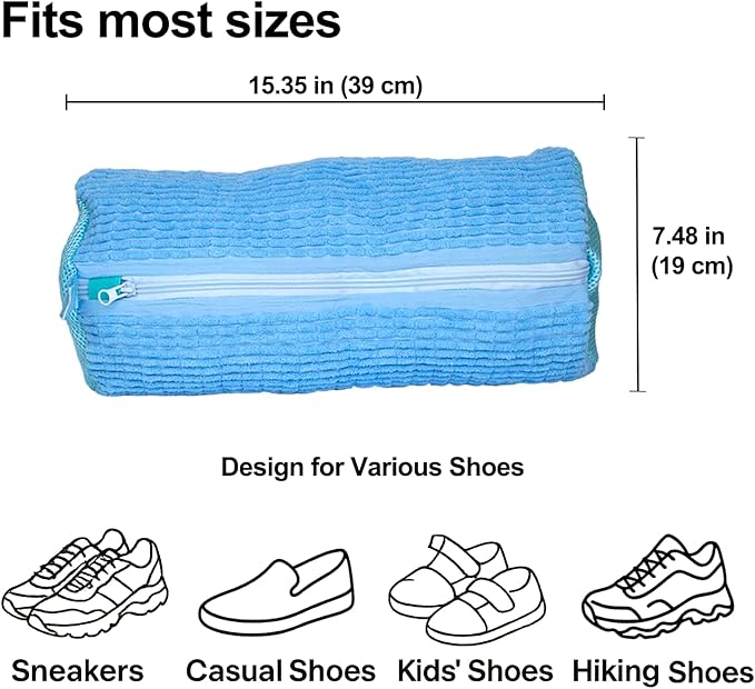 Shoe Washing Machine Bag, 4 Pcs Laundry Shoe Bags for Washer and Dryer with Chenille Liner, Large Reusable Mesh Bag for Sneakers, Gym, Tennis, Sports, Delicates, 2 Color Mix (Blue+Beige)