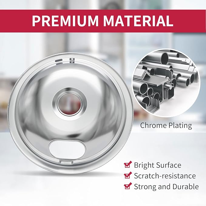 COZZIVITAW10196405 W10196406 Stove Burner Drip Pans for Electric Stove Top-Compatible with Whirlpool Electric Range-Thickening to Prevent Bent-Set of 4 Chrome Drip Pans, Silver