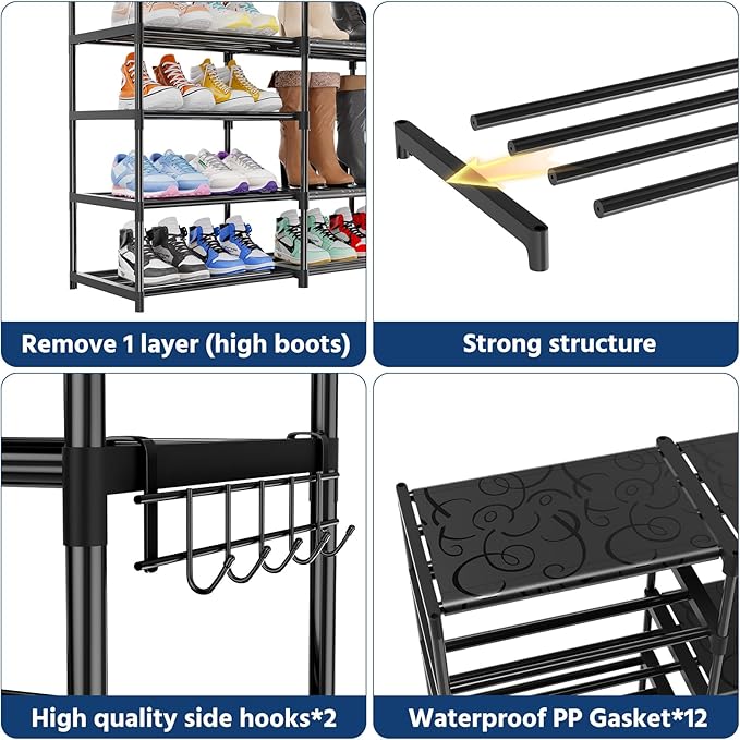 Large Shoe Rack Organizer for Entryway Closet 72-80 Pairs 10-Tier Heavy Duty Tall Garage Shoe Rack Shoe Shelf Shoes Storage with Removable Side Hooks for Bedroom and Garage, Black
