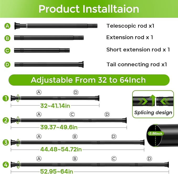 Tension Curtain Rod 32-64 Inch 7/8" Diameter Spring Loaded Curtain Rods No Drilling Adjustable Expandable Shower Curtain Rod for Bathroom Doorway Window Kitchen Closet, Black