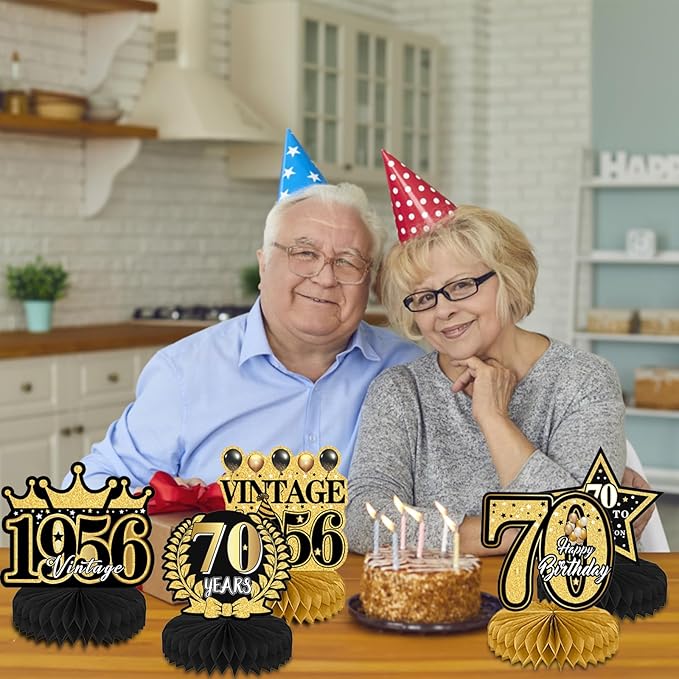 Refavor 70th Birthday Decorations Men, Happy Vintage 70 Years Old Honeycomb Centerpieces Party Decor for Women, 9pcs Cheer Black Gold Table Supples