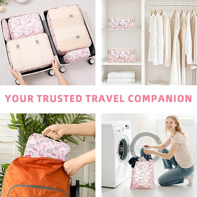 BAGAIL 8 Set Packing Cubes Luggage Packing Organizer Bags for Travel Accessories - Pink Flamingo