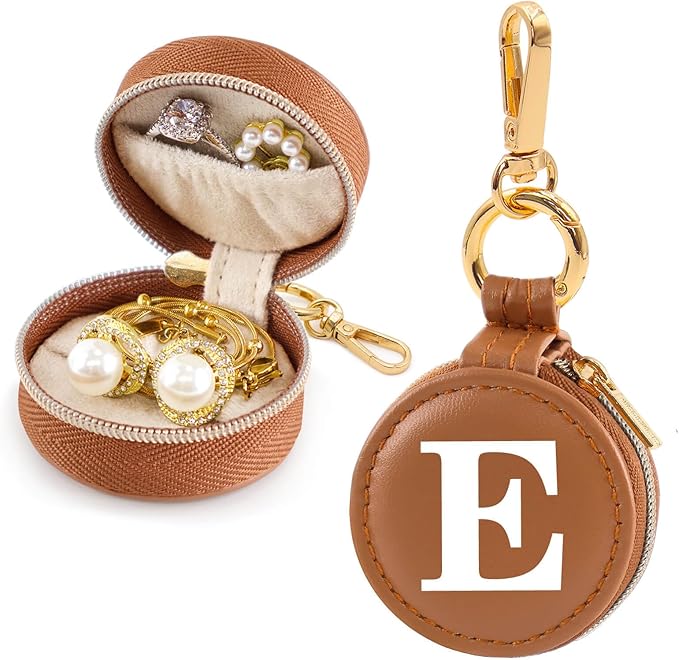 Mini Initial Travel Jewelry Case Ring Holder, Brown Faux Leather Small Jewelry Organizer Box Gifts for Women Girls Nurse Teacher, Gym Travel Accessories Keychain Pouch for Earrings Rings Necklace E
