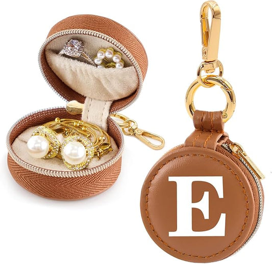 Mini Initial Travel Jewelry Case Ring Holder, Brown Faux Leather Small Jewelry Organizer Box Gifts for Women Girls Nurse Teacher, Gym Travel Accessories Keychain Pouch for Earrings Rings Necklace E