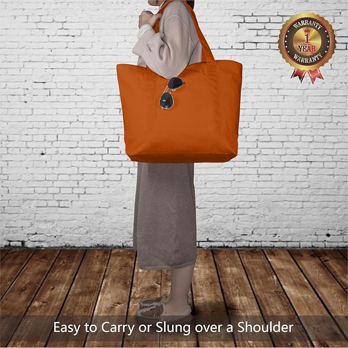TOPDesign 6-Pack Canvas Tote Bags with an External Pocket, Reusable Grocery Shopping Bags, Top Zipper Closure, Daily Essentials (Orange)