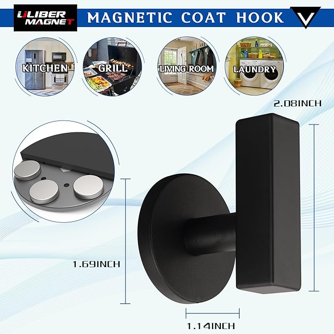 ULIBERMAGNET Strong Magnetic Double Hooks, 2 Pack Heavy Duty Sturdy Coat Magnetic Hangers, Rubber Magnets Large Hooks for Coat Robe Towel Key Hat (Brushed Nickel)