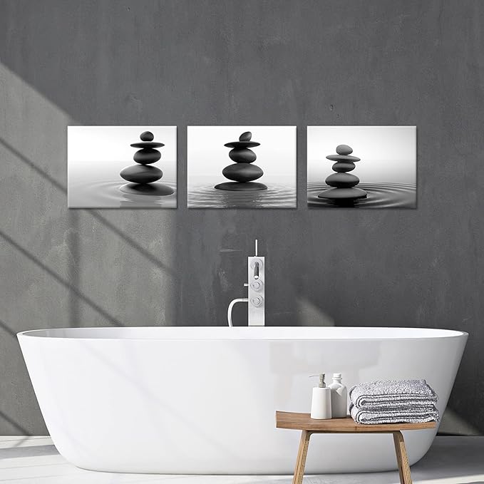 Apicoture Zen Stone Wall Art - Black and White Zen Stones Poster Canvas Wall Decor for Spa Room Bathroom Home Decorations 12"X 16"X 3 Pieces