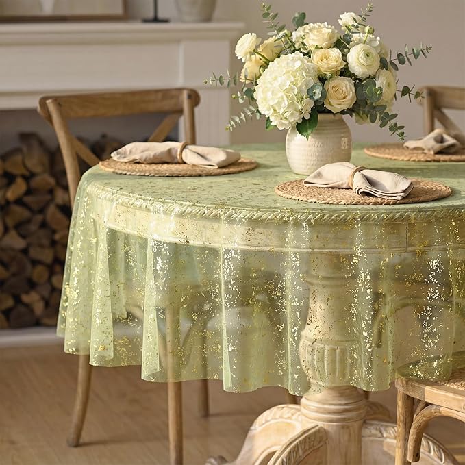 Horaldaily Sage Green Gauze Tablecloth 60x60 Inch Round, Golden Sequin Glitter Metallic Foil, Sheer Tulle Cheesecloth for Wedding Baby Shower Ceremony Birthday