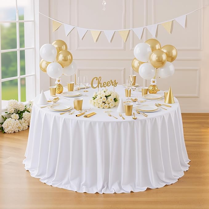 White Round Tablecloth 90in Reusable Washable Polyester White Round Table Cloth for Wedding Birthday Party Bridal Shower Circle Table Cover Kitchen Dining Buffet Restaurant Cake Banquet Decorations