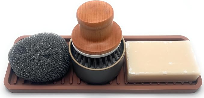 Happitasa Silicone Kitchen Sink Organizer Tray, Sponge Holder and Countertop Protector | Bathroom and Kitchen Soap Dish and Dispenser Tray (Mocha, 12"x4")
