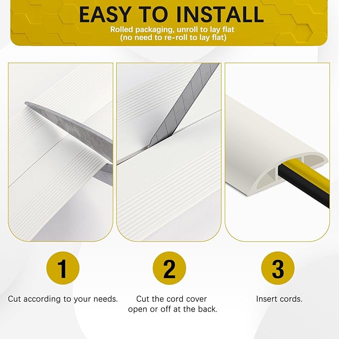 JAHOMFAI Floor Cord Cover 10FT Cord Covers for Wires on Floor Protect Wires & Prevent Trip Hazards, Easy to Cut for Home, Office, School, Concerts, Cavity W0.6in x H0.32in