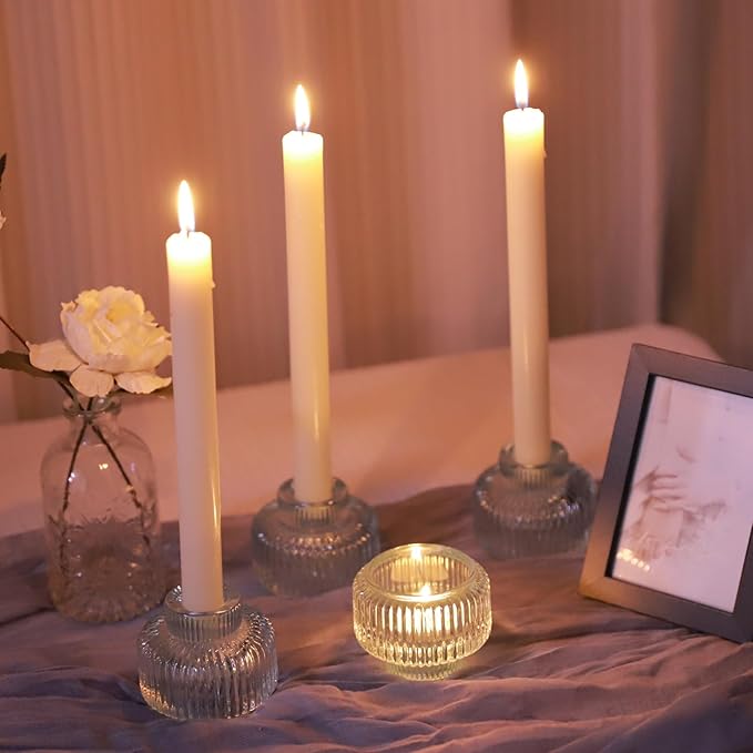 Woho Light Blue Candlesick Holders Set of 4 for Taper Candles, Ribbed Glass Candle Stick Holder Decor for Wedding Table Centerpiece, Reversible Taper Candle Holders Vintage for Baby Shower/Home Decor