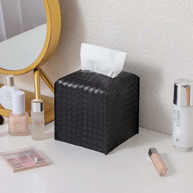 Tissue Box Cover PU Leather Tissue Holder Square Facial Tissue Case Facial Paper Organizer Dispenser for Bathroom, Vanity Countertop, Tabletop, Car, Black