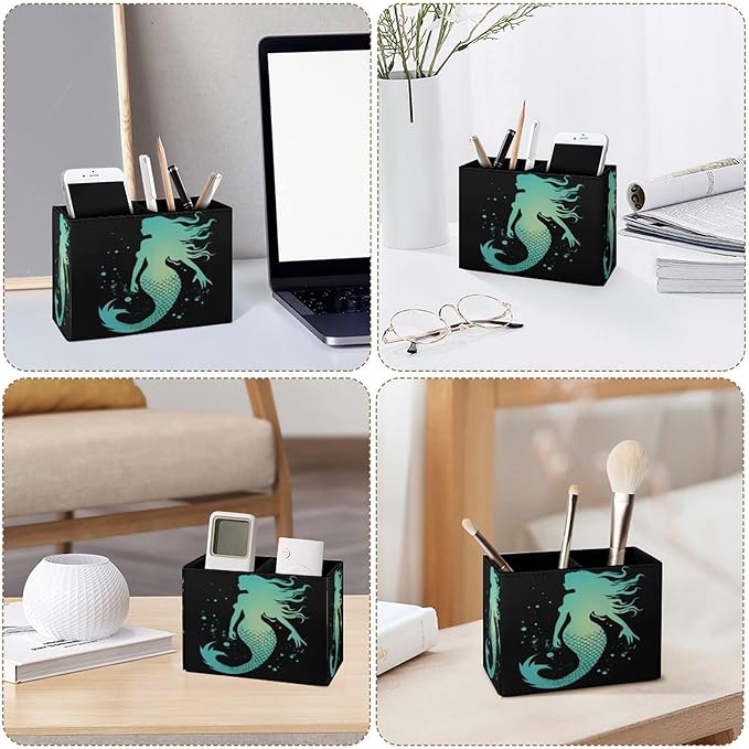 Famame Silhouette Mermaid Pencil Holder for Desk, Leather Desktop Container Pen Cup Storage Study Table Pen Organizer Makeup Brush Holder for Classroom Office Home