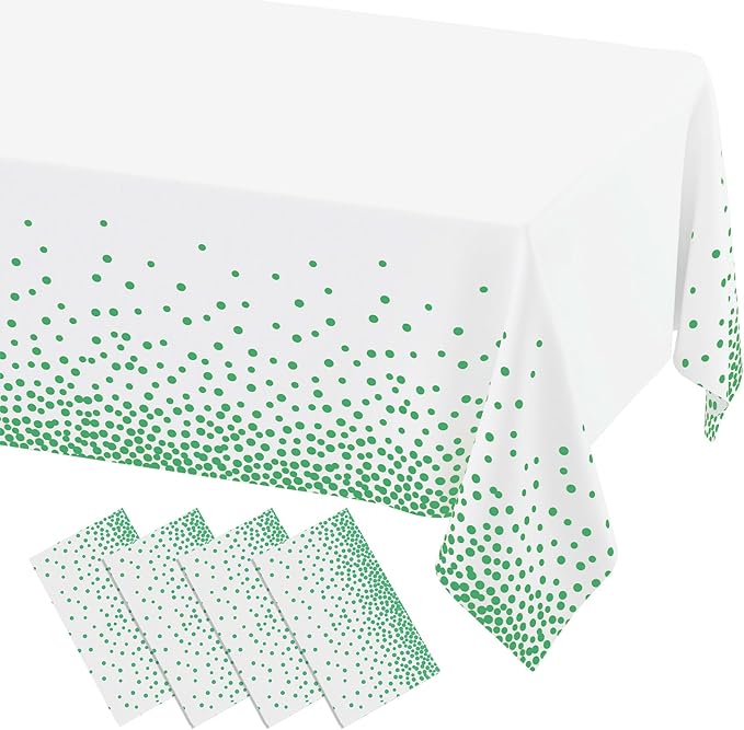misaya 4 Packs Dot Disposable Table Cloth, 54 x 108 Inch Waterproof Plastic Tablecloth, Rectangle Green Dots in White Table Covers for Picnic, Birthday, Party