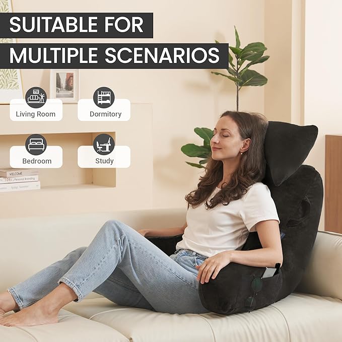 Portable Reading Pillows with Headrest for Bed Sitting Up(Grey Oeko-Tex), Velvet Back Pillow with Arms & Pockets for Adults, Support Memory Foam Bed Pillow for Dorm/Reading/Watching/Gaming