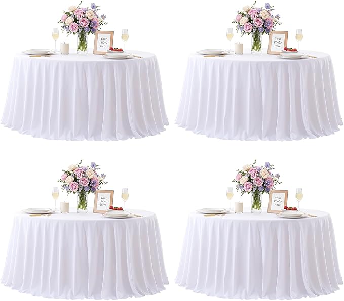 4 Pack White Round Tablecloths 60in White Round Table Cloth for Wedding Birthday Party Bridal Shower Reusable Washable Polyester Circle Table Cover for Kitchen Dining Buffet Cake Banquet Decorations