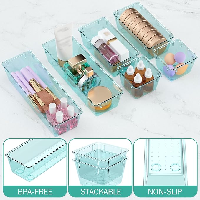 WOWBOX 9 Pack Clear Drawer Organizer Set, Acrylic Drawer Storage Trays, Storage Bins for Makeup, Cosmetics, Jewelry, Utensils, Gadgets, Office, Sea Blue