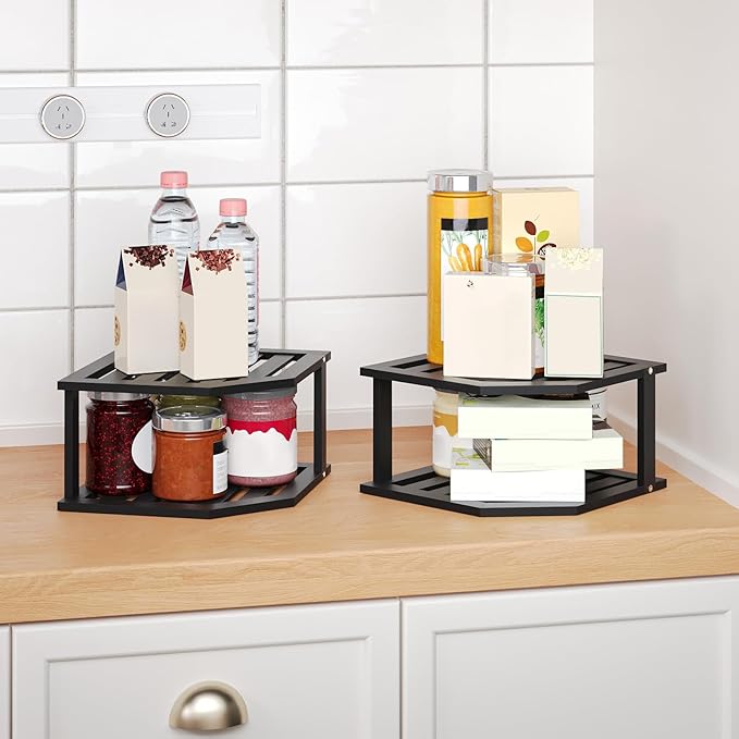 Bamboo Corner Shelf(2 Pack),2 Tier Plate Organizer for Cabinet and Countertop,Pantry Dish and Spice Rack for Kitchen(Black)