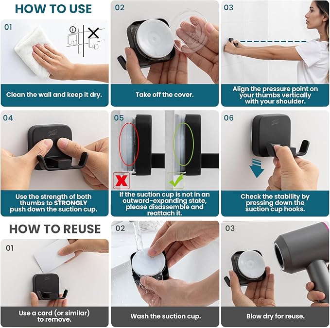 TAILI 304 Stainless Steel Bathroom Suction Hooks for Towel, Bathrobe, Loofah, Patented Strong Suction Cup Holder, No Damage Hanging Glass Shower Wall Hook, Classic Round, 2 Pack, Black