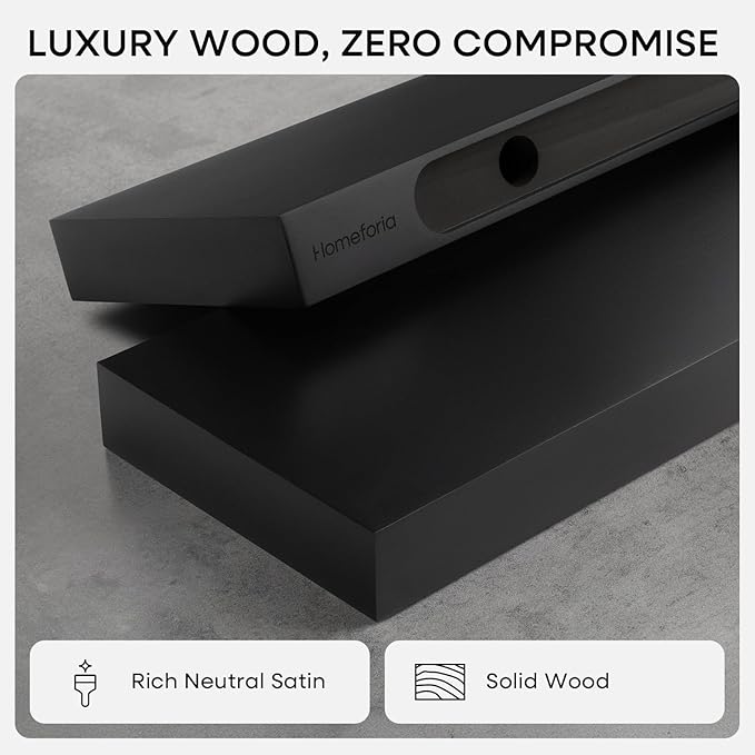 Homeforia Black Floating Shelves 30 inches Long, High End Solid Real Wood 30 inch Floating Shelf for Wall Mounted, Black Wooden 30in Floating Shelves, Heavy Duty Bracket, 30 X 6.5 X 1.75 in, Set of 2