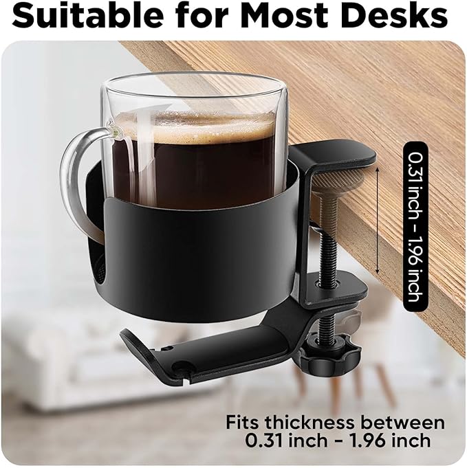 OOKUU 2-in-1 Desk Cup Holder with Headphone Hanger, Anti-Spill Cup Holder for Desk or Table, Easy to Install, Sturdy and Durable, Large Enough to Hold Coffee Mugs, Water Bottles, Headphones
