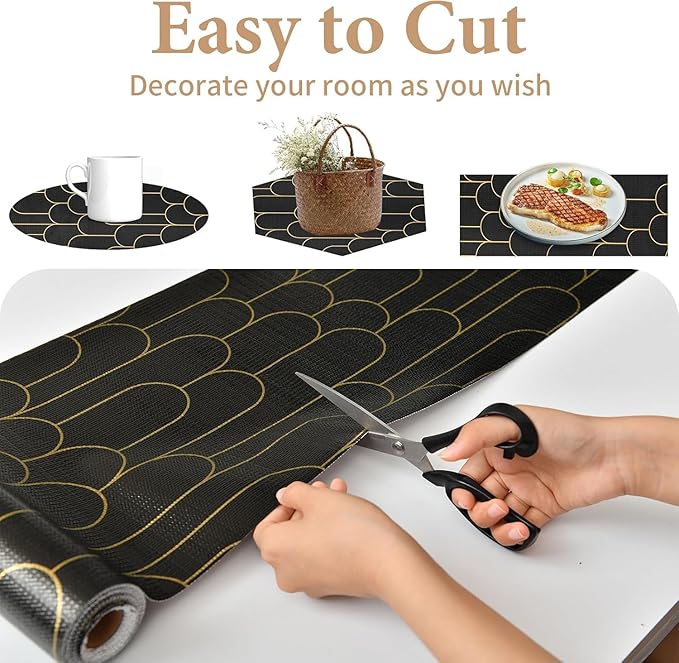 Shelf Liners for Kitchen Cabinets Drawer Liner 12in x 20FT Non Adhesive Black Gold Line Thickened Refrigerator Shelf Liner Paper Strong Easy to Clean for Tool Box with Knife and Tape Measure