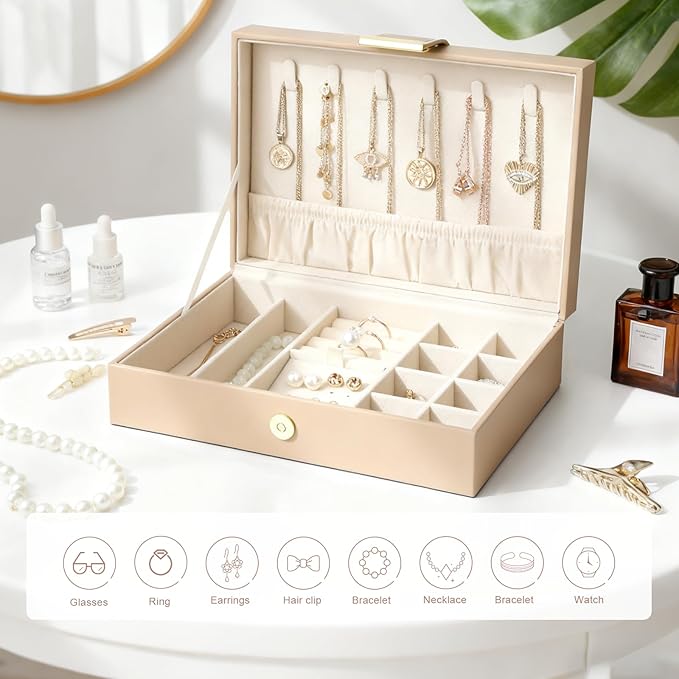 Leather Jewelry Box Elegant Small Jewelry Chest for Women Gift Box for Necklace, Ring, Earring Storage Portable Design for Travel Home Use Apricot