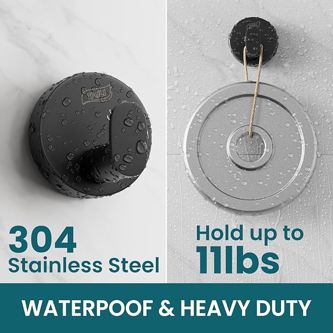 TAILI 304 Stainless Steel Bathroom Suction Hooks for Towel, Bathrobe, Loofah, No Damage Hanging Glass Shower Wall Hook, Patented Strong Suction Cup Holder, Hold Up to 11 Lbs, 2 Pack, Black
