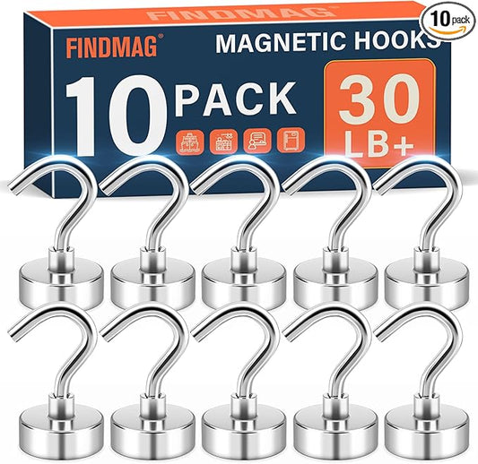 FINDMAG Magnetic Hooks, 30lbs Magnet Hooks Cruise Cabin Ship Essentials 2026, Rare Earth Magnets with Hooks, N52 Magnetic Hooks for Hanging, Home, Kitchen, Office (10 Pack, Silver)