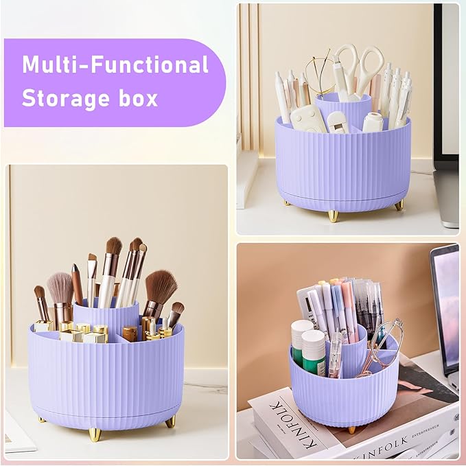 Diesisa Makeup Brush Holder Organizer, 360° Rotating Makeup Brush Organizer, 5 Slot Makeup Brushes Cup for Cosmetics, Nail Polish, Art Supply, Bathroom Vanity Desktop Organizer - Purple