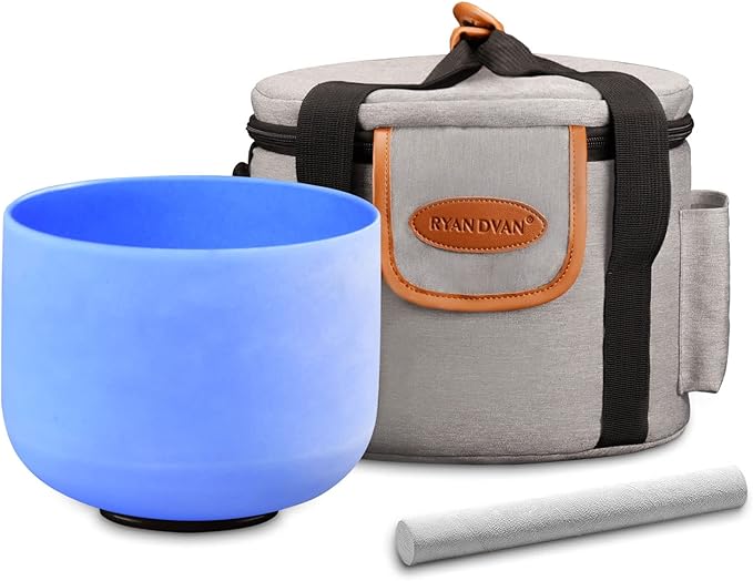 RYAN DVAN 8” G Note Blue Frosted Throat Chakra Crystal Singing Bowl with Free Heavy-Duty Carrying Case and Suede Striker O-Ring