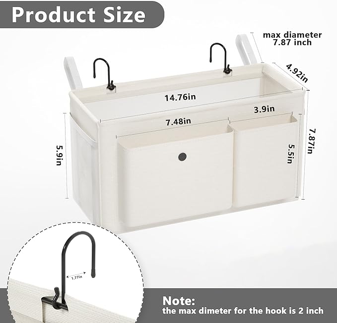 Bedside Caddy Bedside Organizer with Fixed Straps & Water Bottle Holder, Bunk Bed Caddy ideal for Home, Dorm, Hospital, Crib, Versatile Bedside Storage Solution (White)